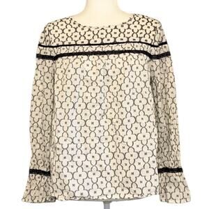 Crown & Ivy PS Cream Top Navy Trim Peasant Boho LS Cotton